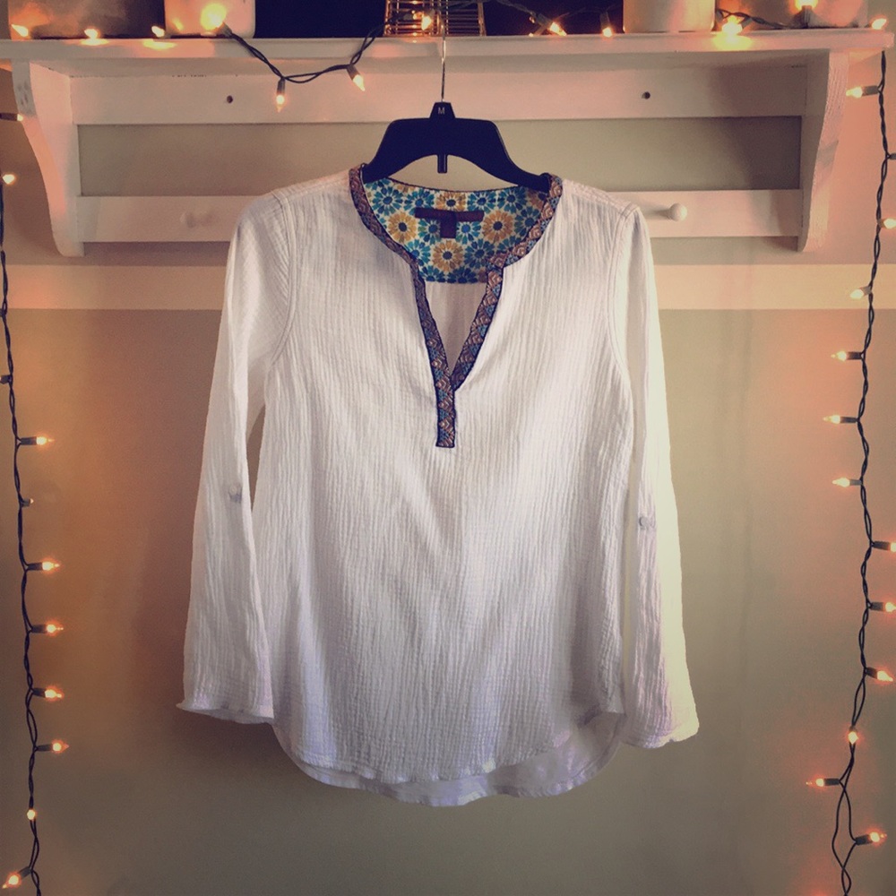 Anthropologie White Long Sleeve Peasant Top with Blue Floral Trim